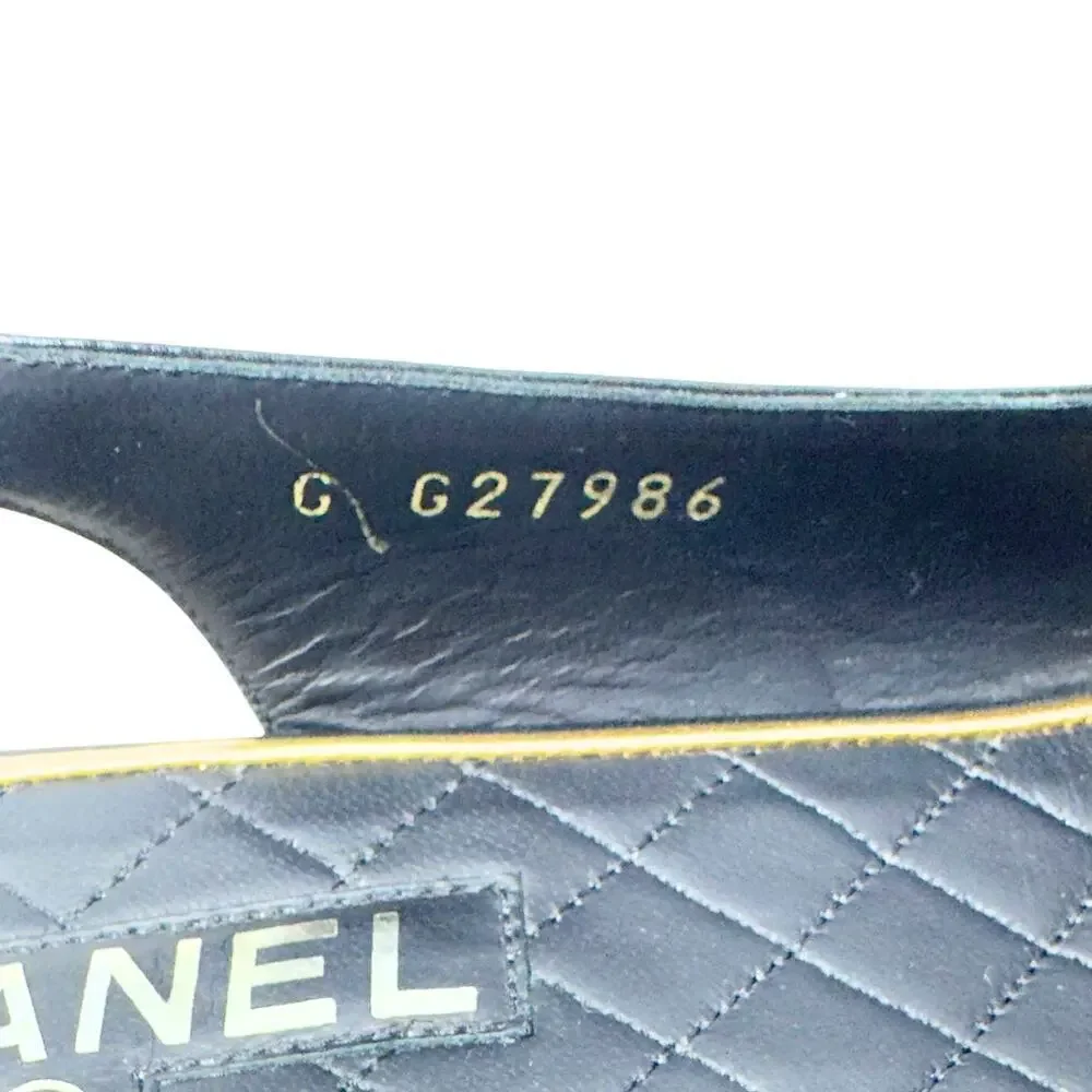 Chanel CC Logo Bow Black Gold Slingback Quilted Mary Jane Block Heels Loafers 38